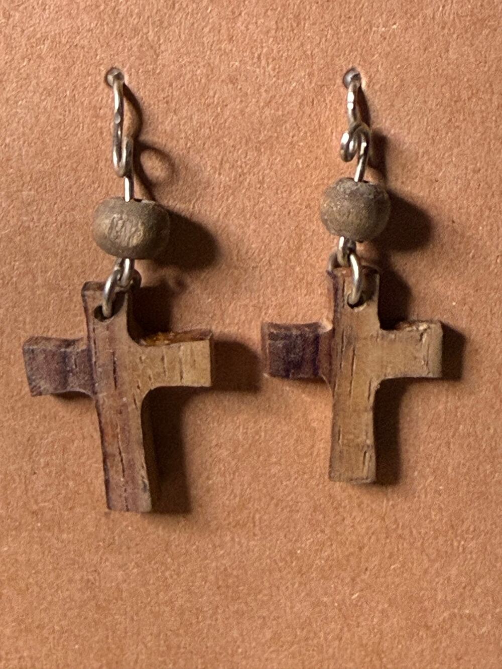 Rustic Wooden Cross Dangle Earrings